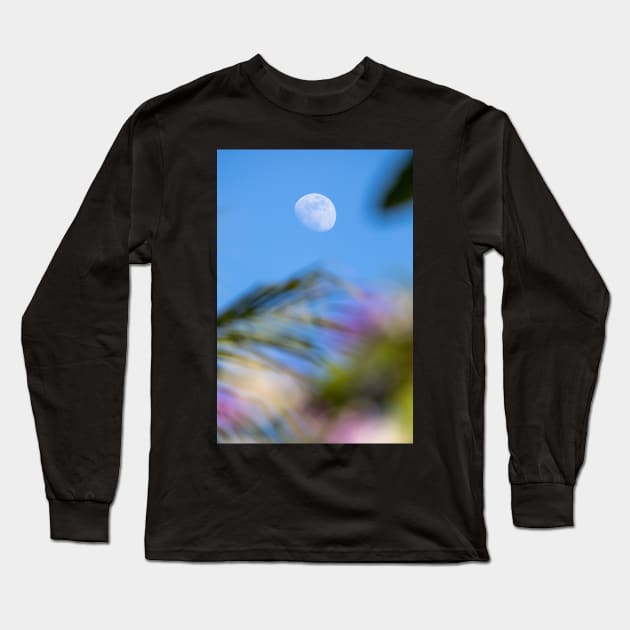 Day Moon with Palm Trees in Foreground Long Sleeve T-Shirt by cowabango